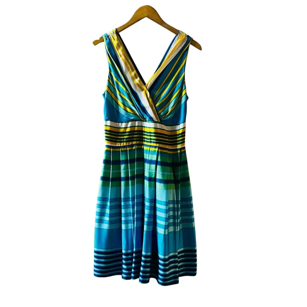 Muse Satin Blue Multicolor Sleeveless Fit And Fare Dress Size 8